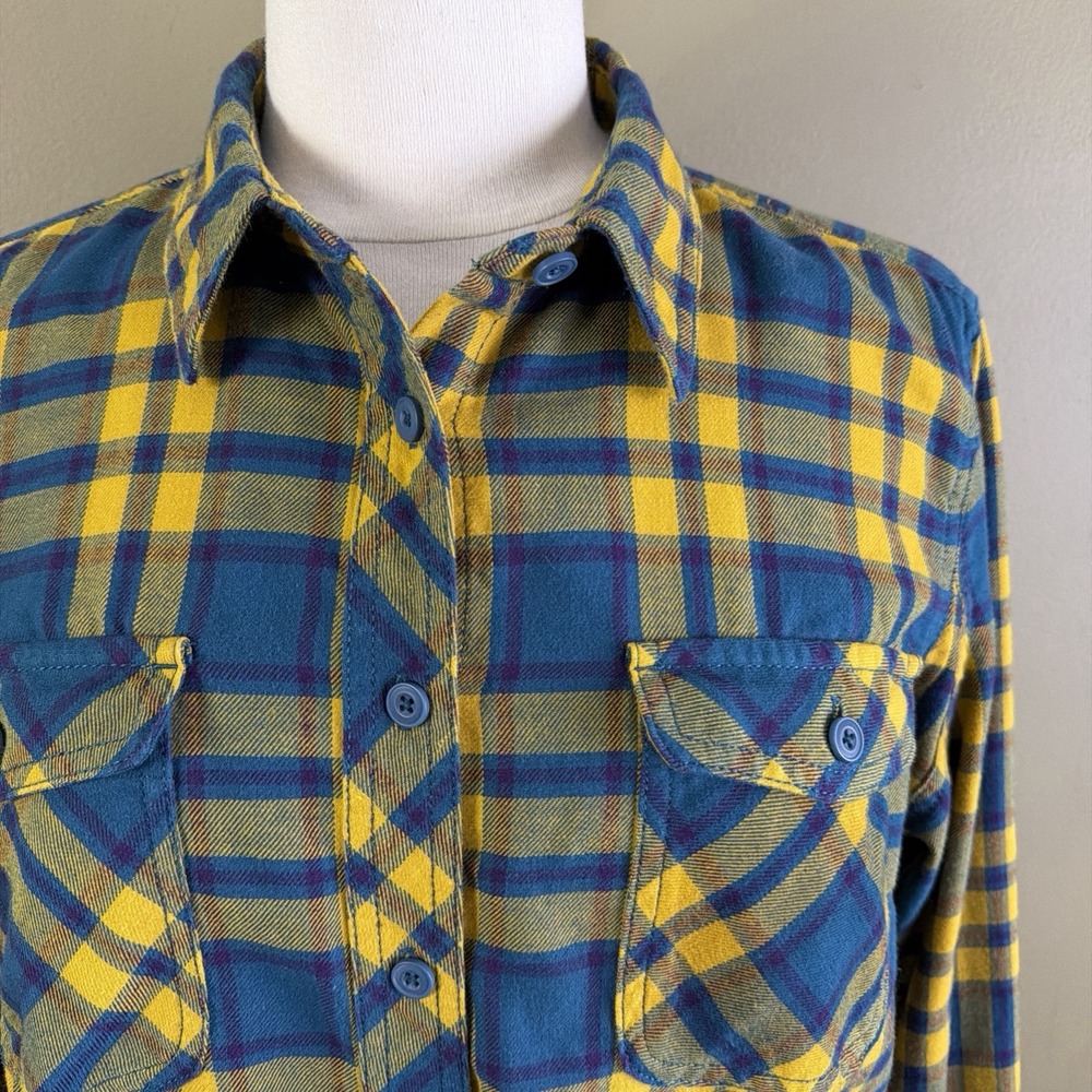 Duluth Trading Co Shirt Women L Yellow Teal Crosscut Wicking Flannel Roll Tab